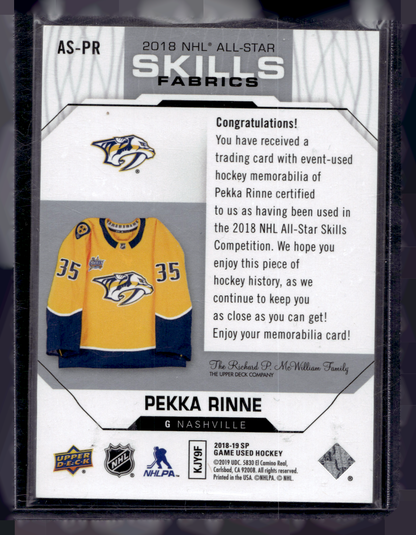 2018-19 Upper Deck SP Game Used Edition - 2018 All-Star Skills Fabrics - Pekka Rinne #AS-PR