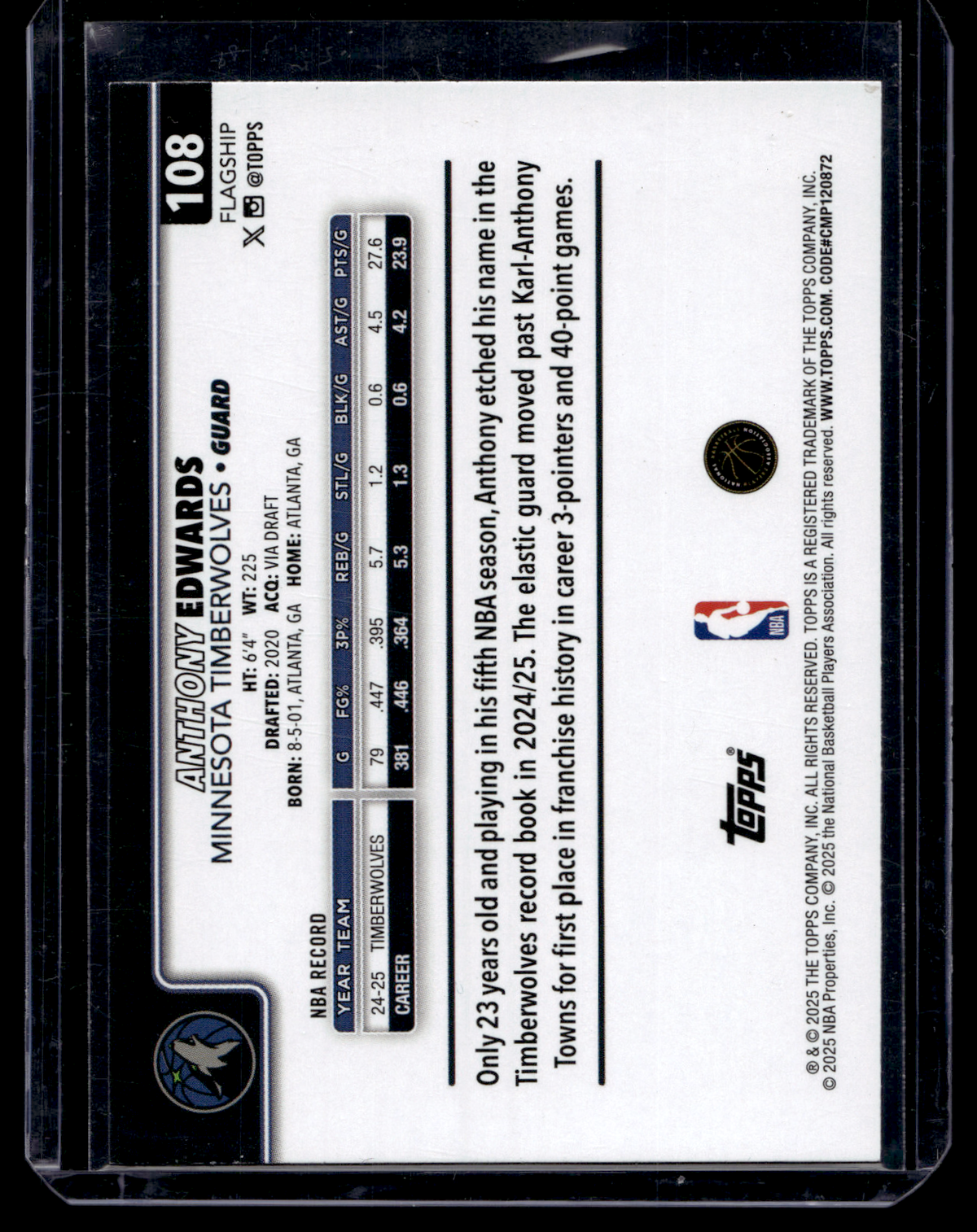 2025-26 Topps - Blue Holo Foil - Anthony Edwards #108 /150