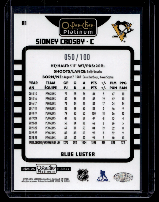 2024-25 Upper Deck OPC Platinum - Retro - Blue Luster - Sidney Crosby #R1 /100