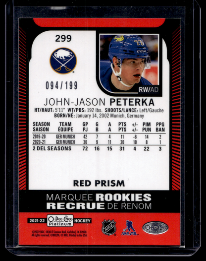 2021-22 Upper Deck OPC Platinum - Red Prism - Marquee Rookies - John-Jason Peterka #299 /199 RC