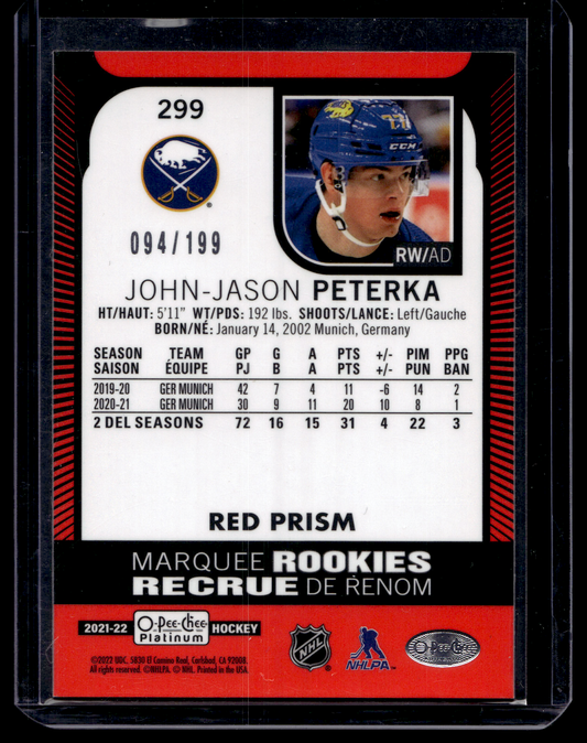 2021-22 Upper Deck OPC Platinum - Red Prism - Marquee Rookies - John-Jason Peterka #299 /199 RC