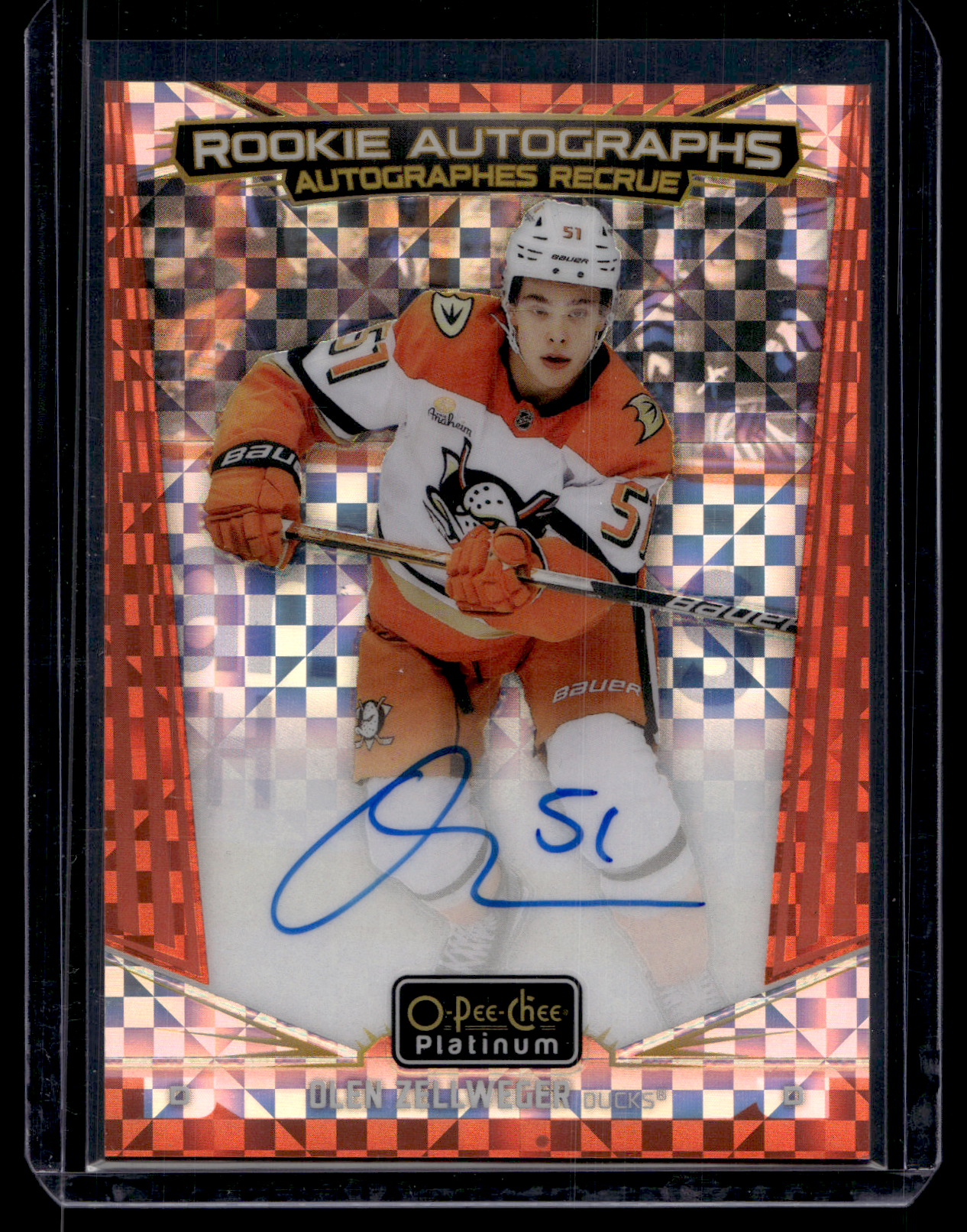 2024-25 Upper Deck OPC Platinum - Rookie Autographs - Orange Checkers - Olen Zellweger #R-OZ /15 RY