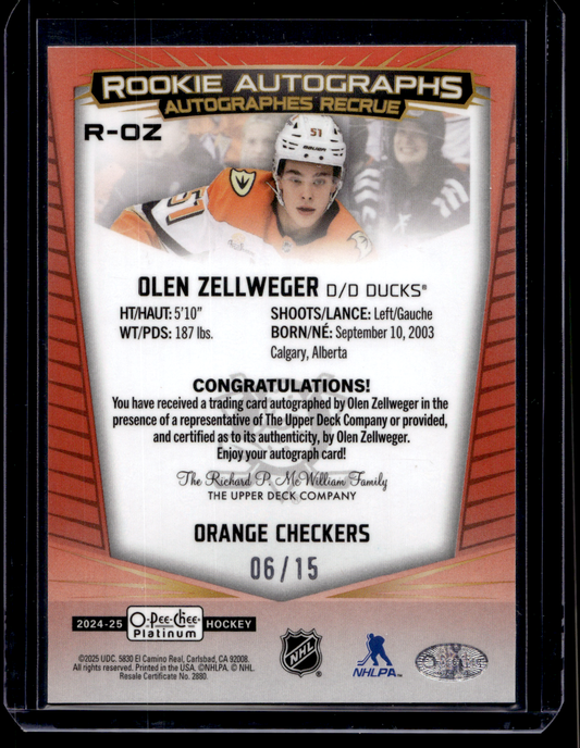 2024-25 Upper Deck OPC Platinum - Rookie Autographs - Orange Checkers - Olen Zellweger #R-OZ /15 RY