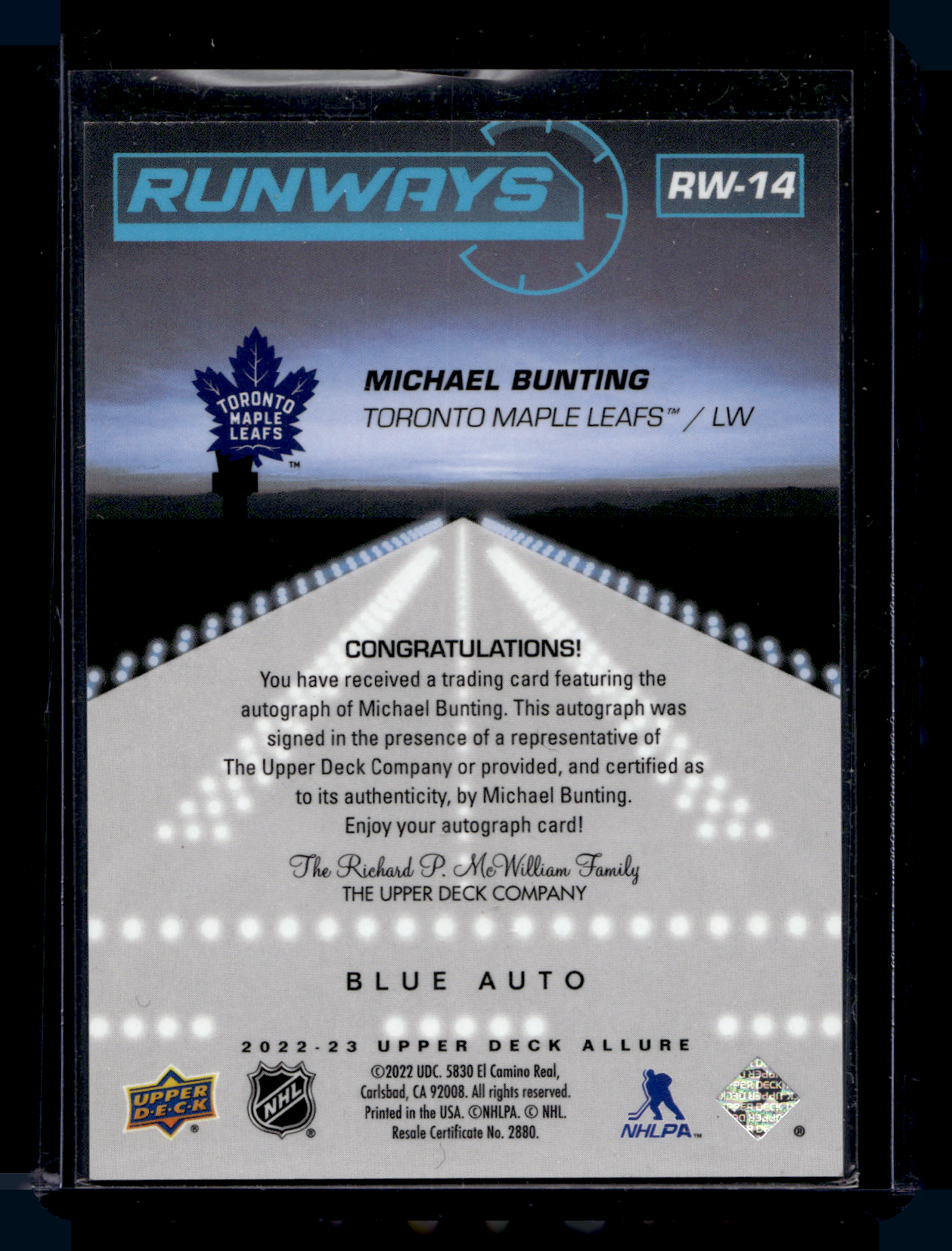 2022-23 Upper Deck Allure - Runways - Blue Autographs - Michael Bunting #RW-14