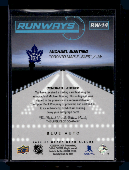 2022-23 Upper Deck Allure - Runways - Blue Autographs - Michael Bunting #RW-14