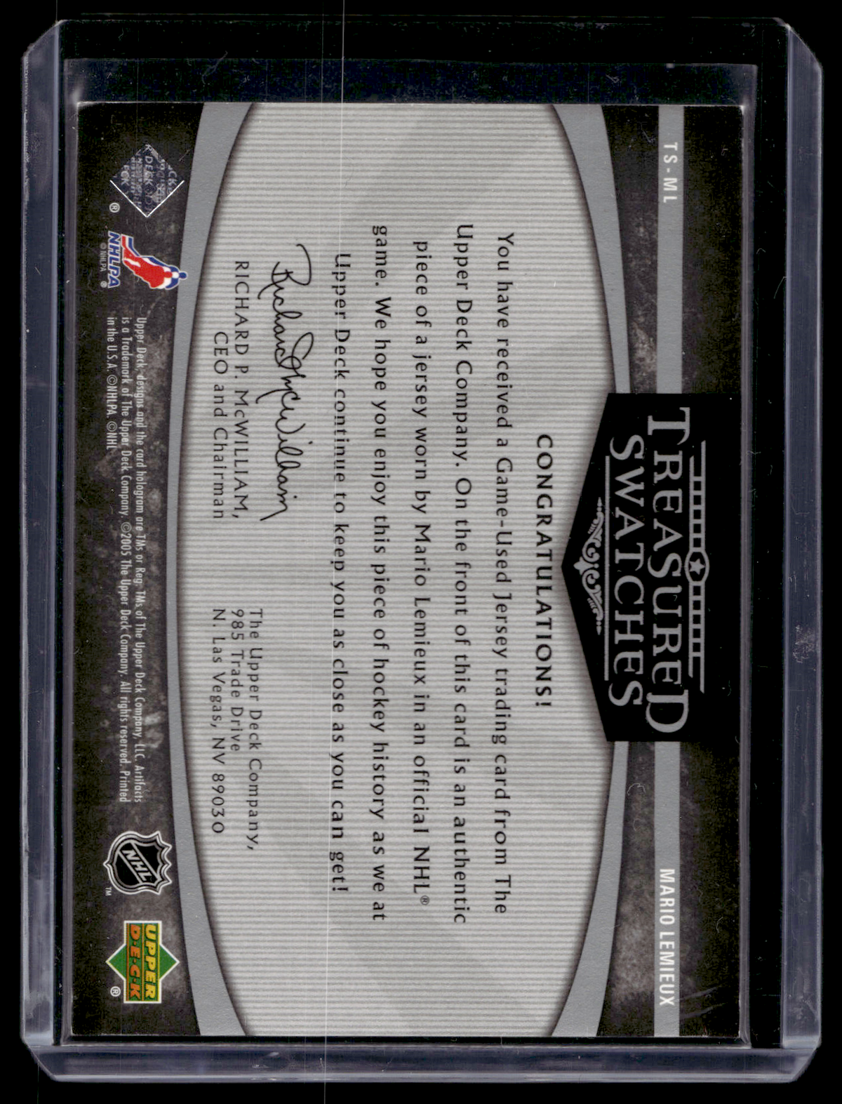 2005-06 Upper Deck Artifacts - Treasured Swatches - Silver - Mario Lemieux #TS-ML /50