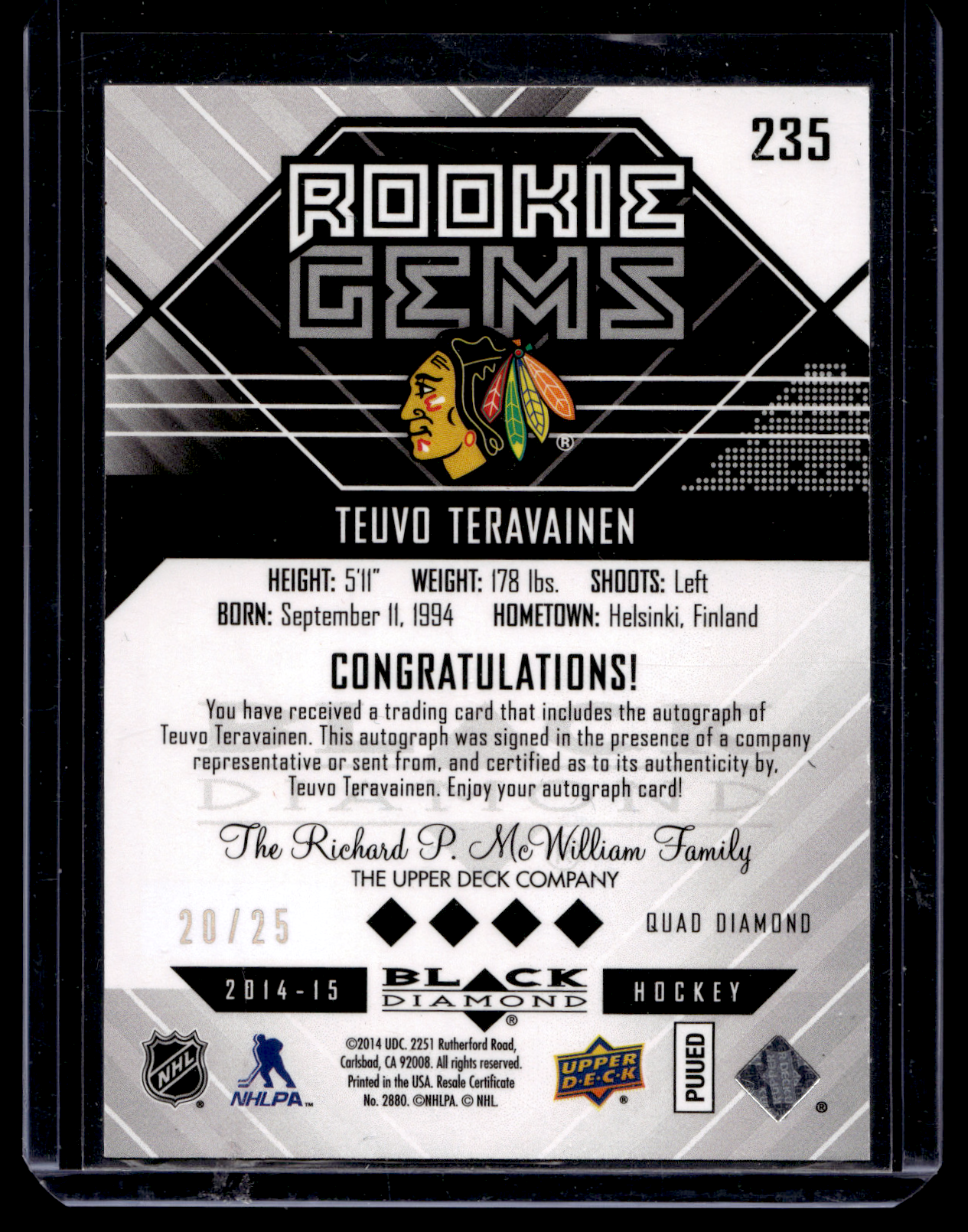 2014-15 Upper Deck Black Diamond - Emerald Autographs - Teuvo Teravainen #235 /25 RC