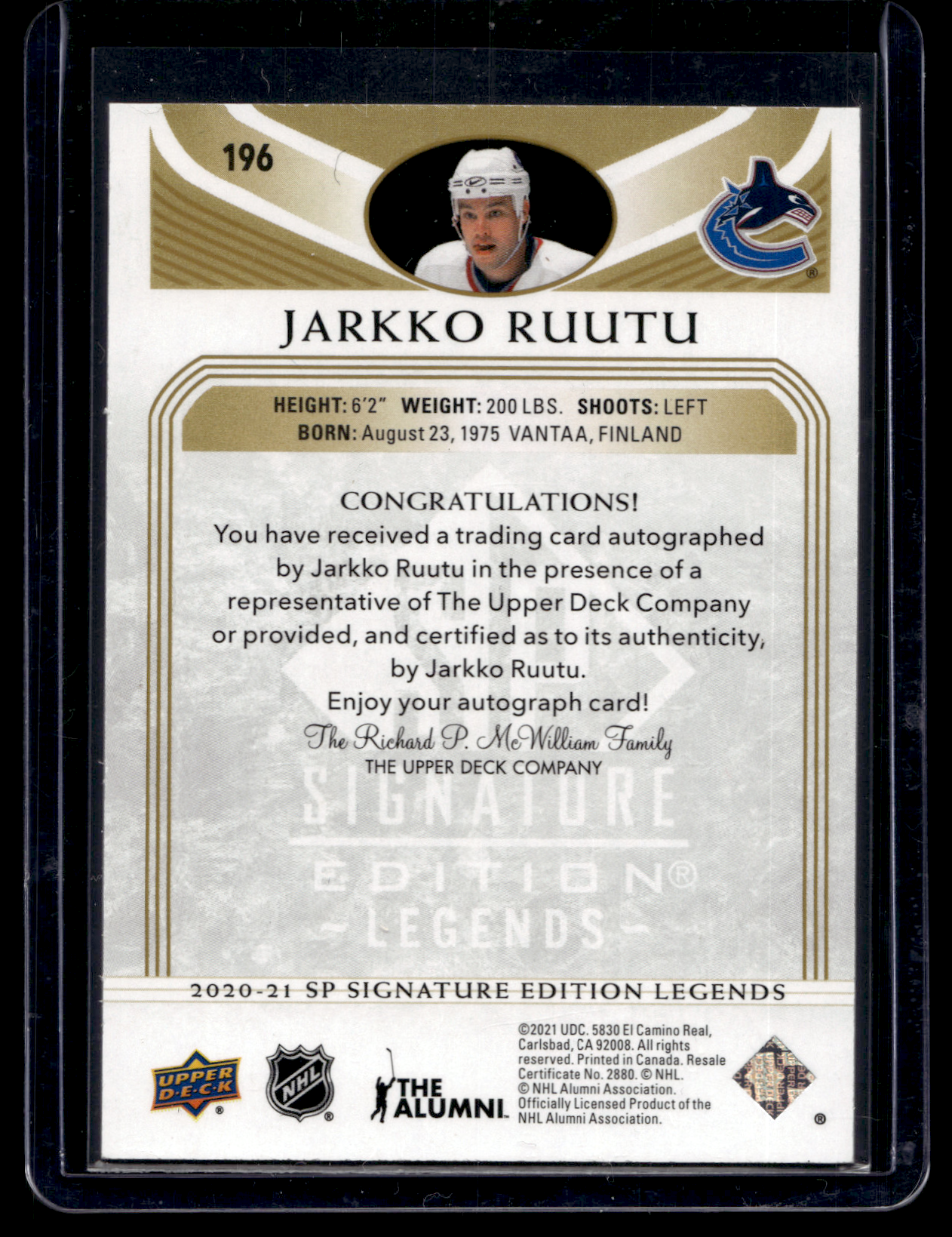 2020-21 Upper Deck SP Signature Edition Legends - Gold Spectrum Foil Autographs - Jarkko Ruutu #196