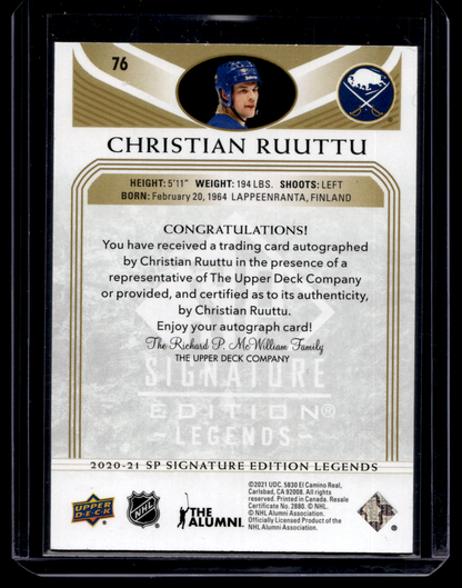 2020-21 Upper Deck SP Signature Edition Legends - Gold Spectrum Foil Autographs - Christian Ruuttu #76