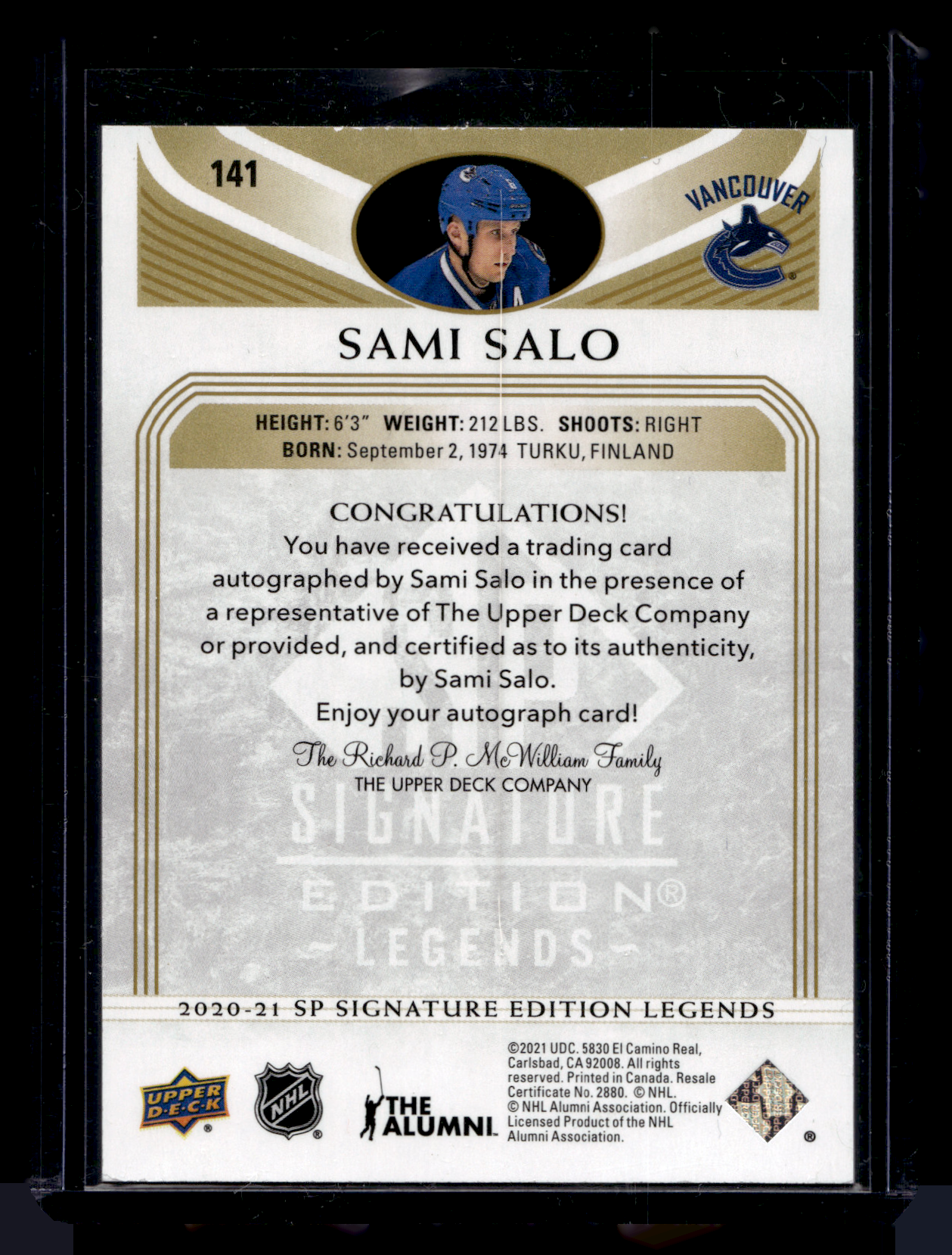 2020-21 Upper Deck SP Signature Edition Legends - Gold Spectrum Foil Autographs - Sami Salo #141