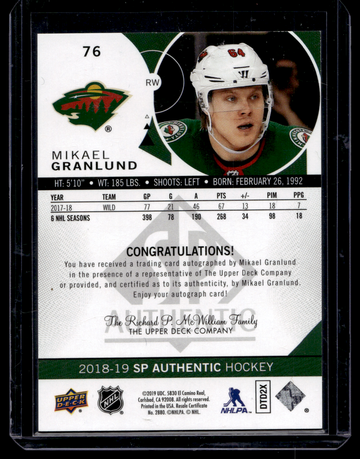 2018-19 Upper Deck SP Authentic - Limited Autographs - 2019-20 SP Authentic Update - Mikael Granlund #76