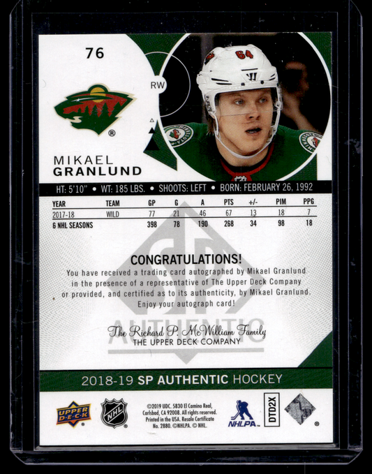 2018-19 Upper Deck SP Authentic - Limited Autographs - 2019-20 SP Authentic Update - Mikael Granlund #76