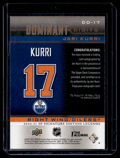 2020-21 Upper Deck SP Signature Edition Legends - Dominant Digits - Gold Foil Autographs - Jari Kurri #DD-17