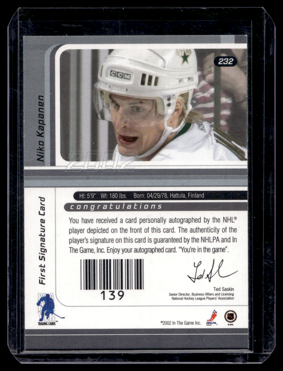 2001-02 In the Game Be A Player Signature Series - Gold Autographs - Niko Kapanen #232 RC