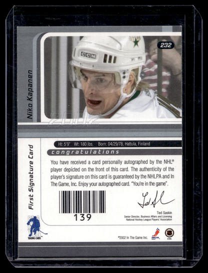 2001-02 In the Game Be A Player Signature Series - Gold Autographs - Niko Kapanen #232 RC