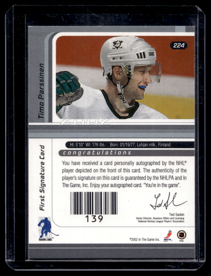 2001-02 In the Game Be A Player Signature Series - Gold Autographs - Timo Parssinen #224 RC