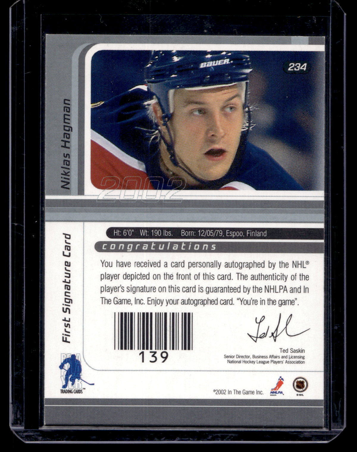 2001-02 In the Game Be A Player Signature Series - Gold Autographs - Niklas Hagman #234 RC