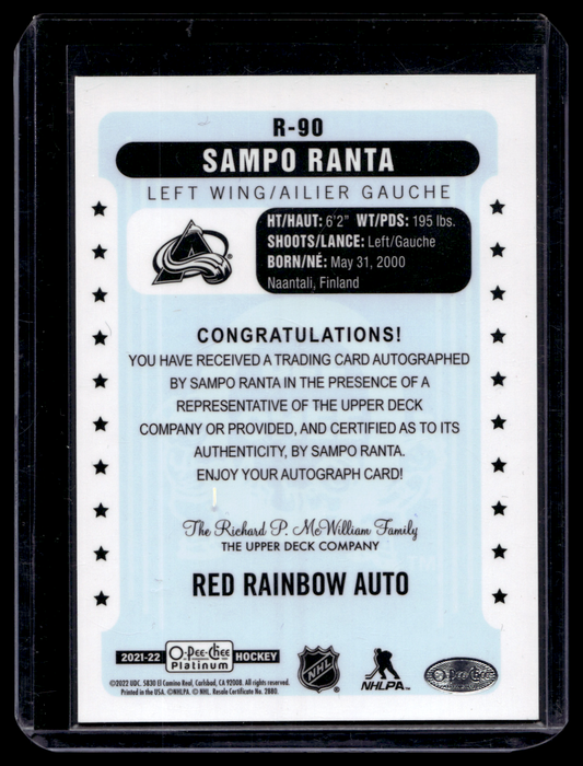 2021-22 Upper Deck OPC Platinum - Retro - Rainbow Red Autographs -  Rookies - Sampo Ranta #R-90 RY