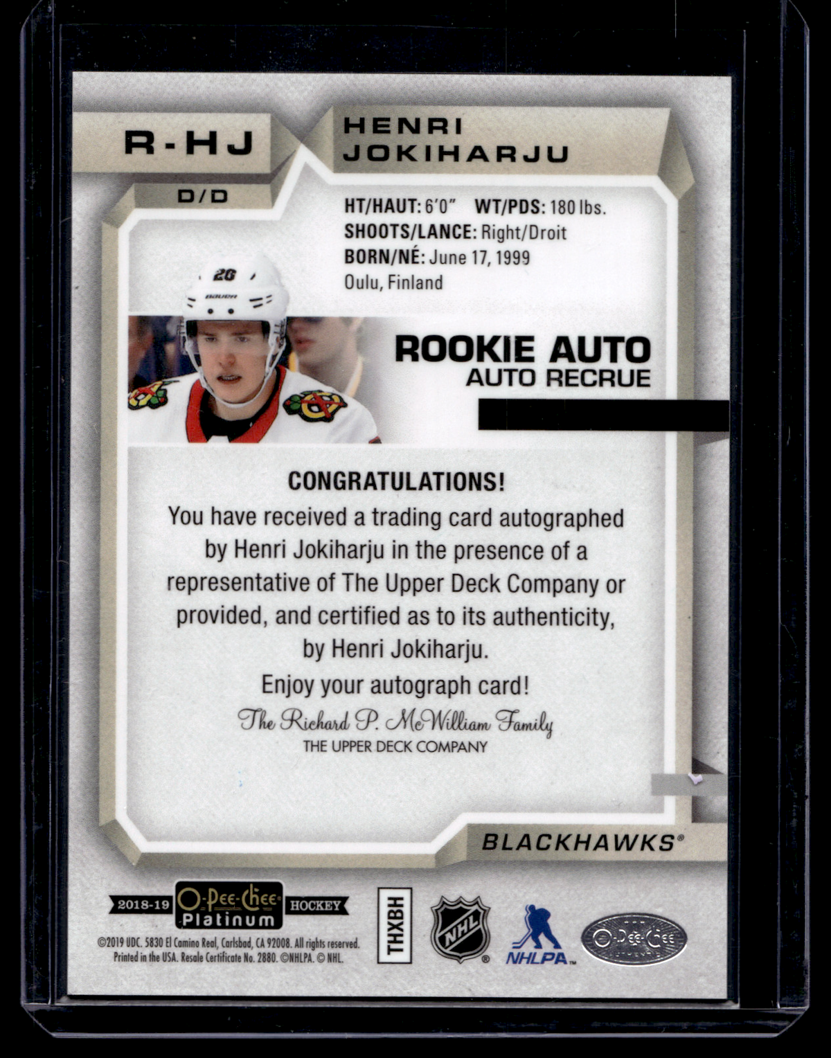 2018-19 Upper Deck OPC Platinum - Rookie Autographs - Henri Jokiharju #R-HJ RY
