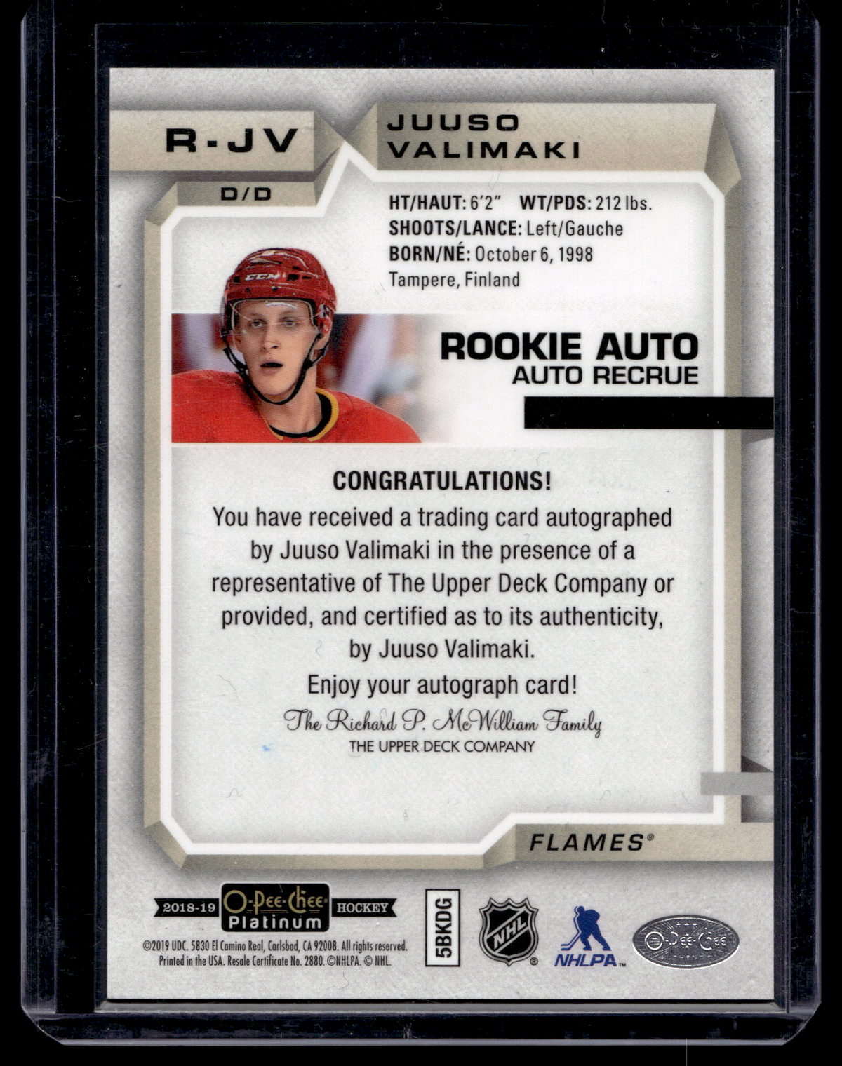 2018-19 Upper Deck OPC Platinum - Rookie Autographs - 2021-22 O-Pee-Chee Platinum Update - Juuso Valimaki #R-JV RY