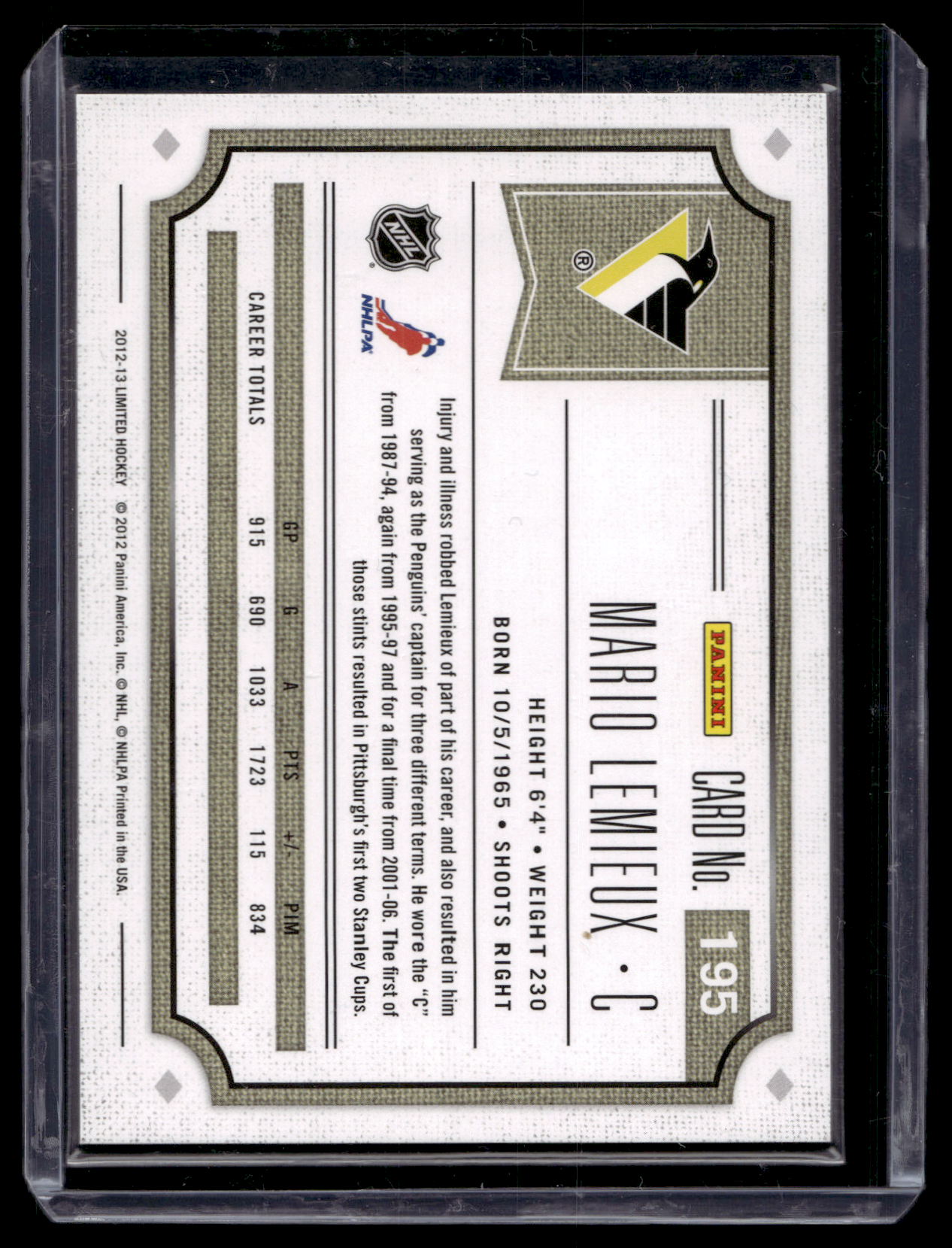 2012-13 Panini Limited - Limited Captains - Mario Lemieux #195 numeroitu pelinumerolla 66/99