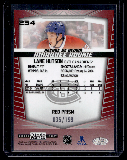2024-25 Upper Deck OPC Platinum - Red Prism - Marquee Rookies - Lane Hutson #234 /199 RC