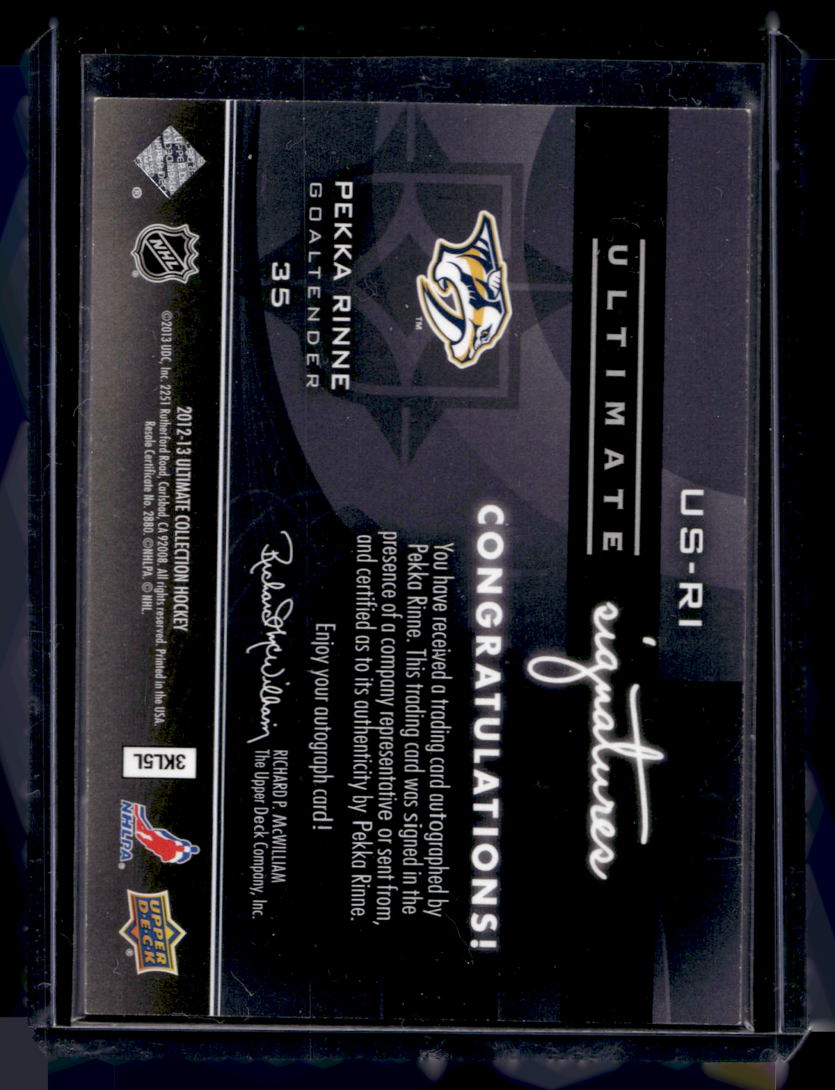 2012-13 Upper Deck Ultimate Collection - Ultimate Signatures - Pekka Rinne #US-RI