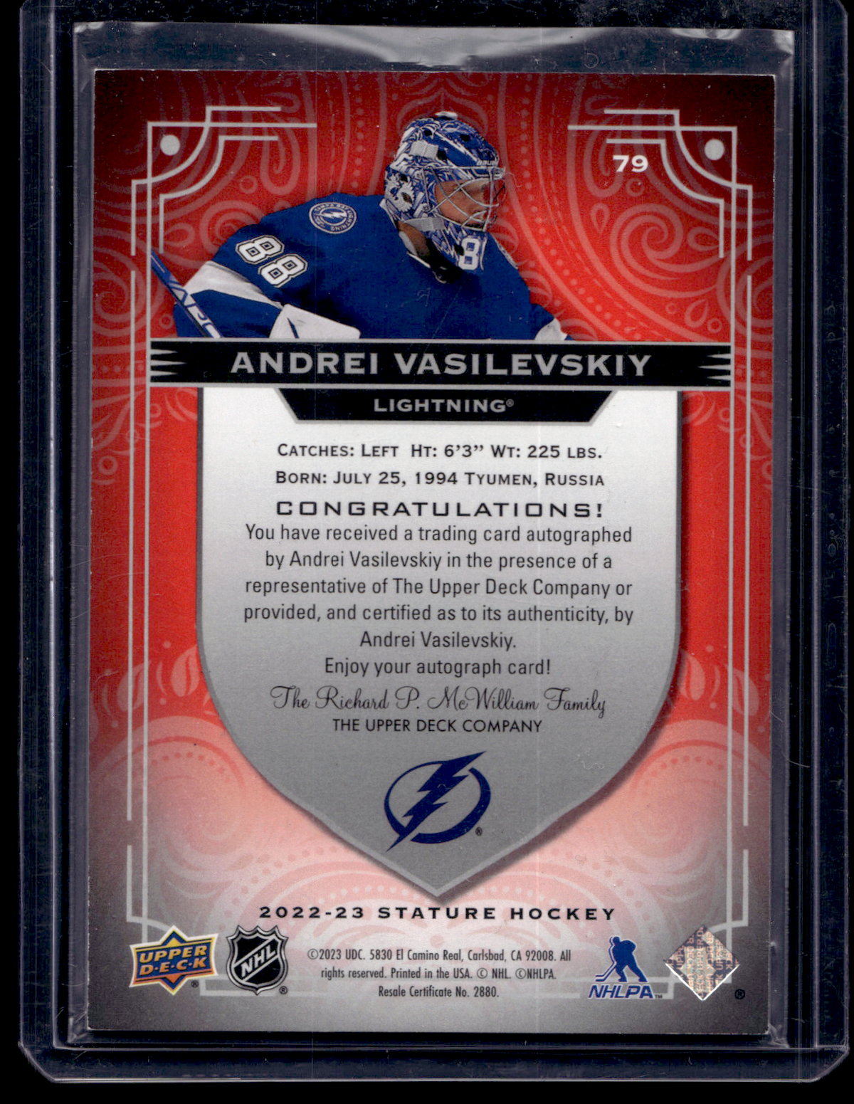 2022-23 Upper Deck Stature - Red Autographs - Andrei Vasilevskiy #79 /25