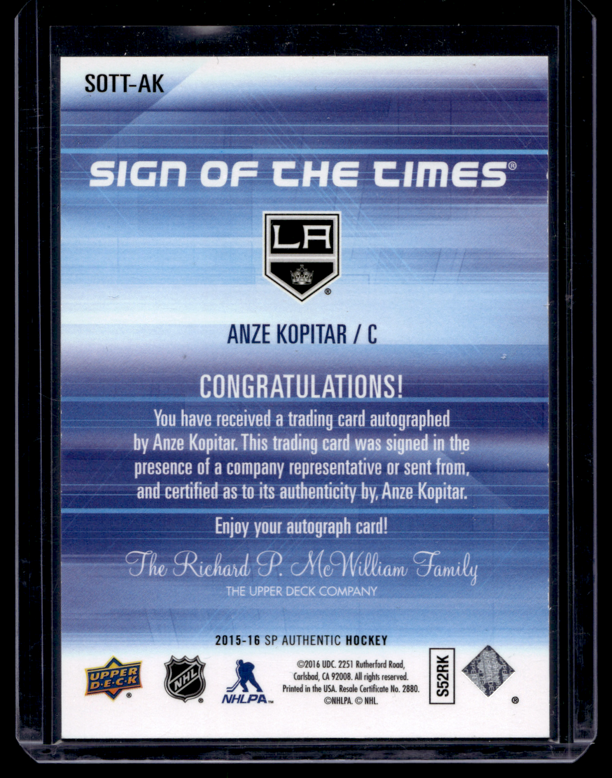 2015-16 Upper Deck SP Authentic - Sign of the Times - Anze Kopitar #SOTT-AK