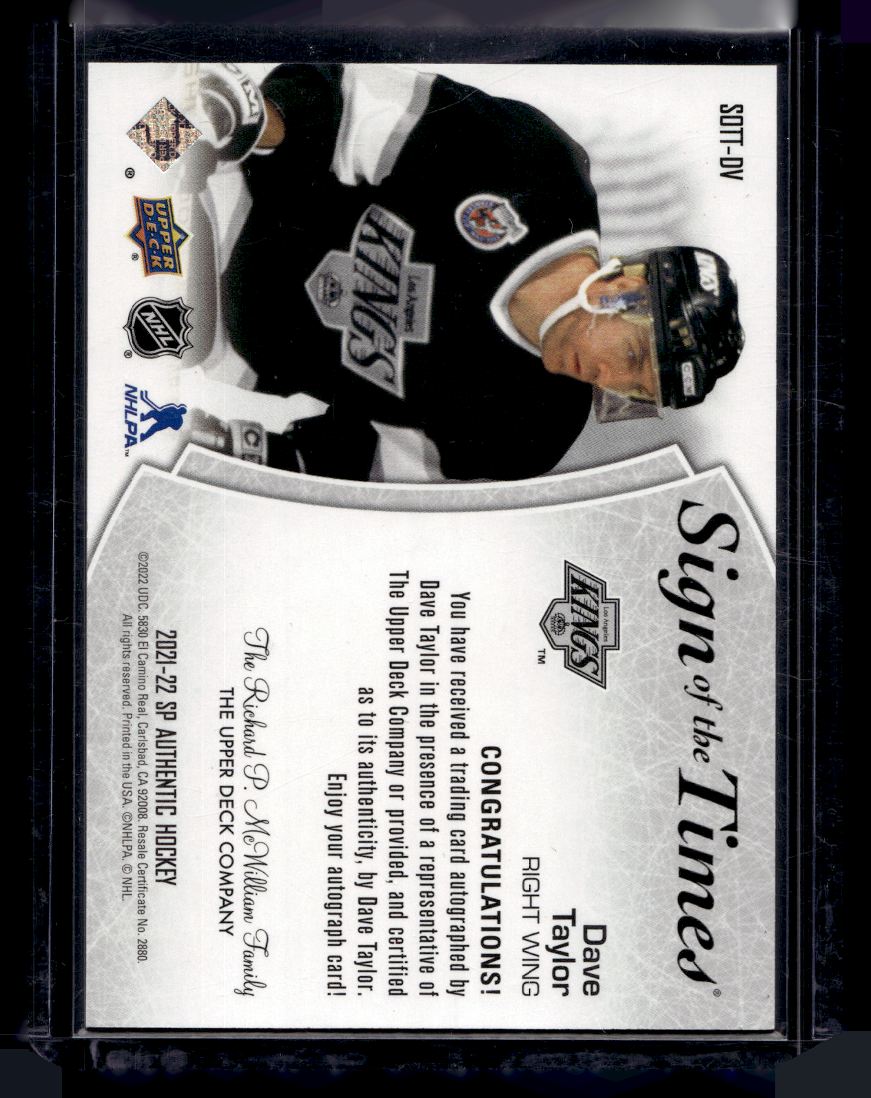 2021-22 Upper Deck SP Authentic - Sign of the Times - Dave Taylor #SOTT-DV