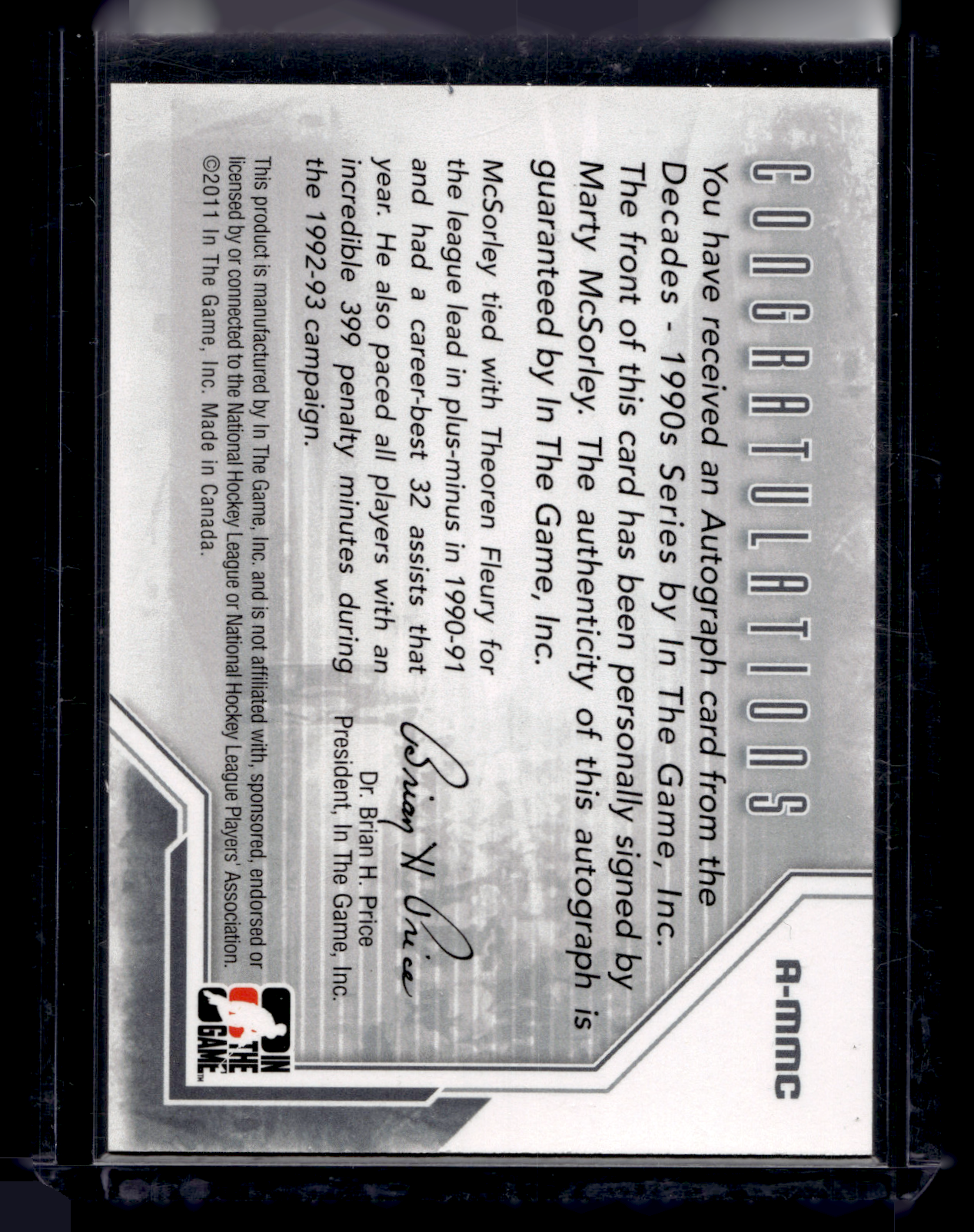 2013-14 In the Game Decades 1990s - Autograph - Silver ITG Vault Black - Marty McSorley #A-MMC