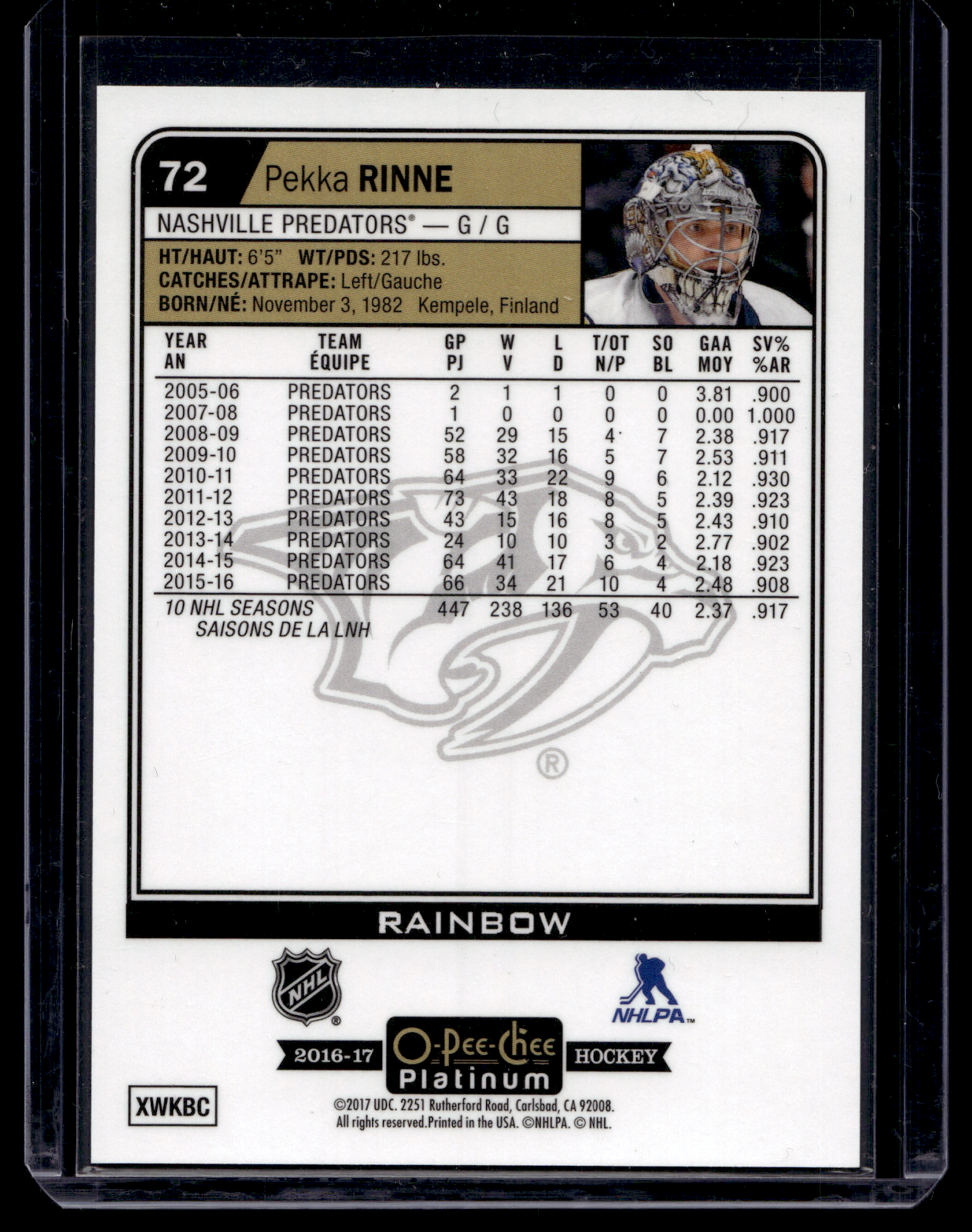 2016-17 Upper Deck OPC Platinum - Rainbow - Pekka Rinne #72