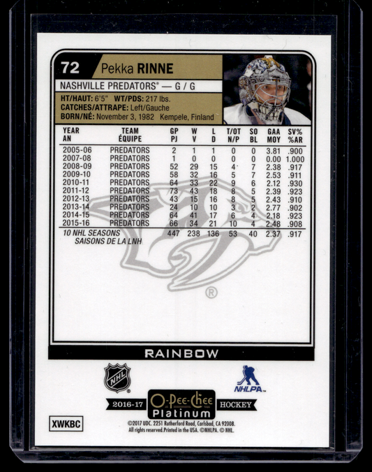 2016-17 Upper Deck OPC Platinum - Rainbow - Pekka Rinne #72