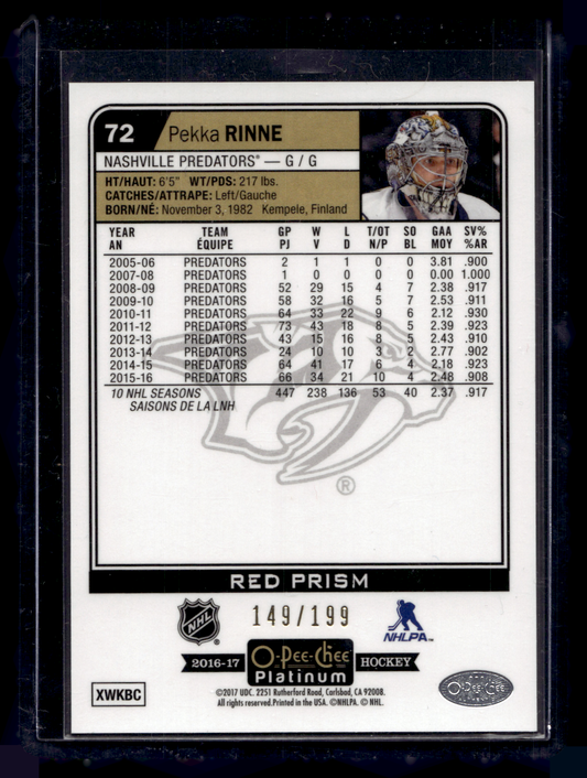 2016-17 Upper Deck OPC Platinum - Red Prism - Pekka Rinne #72 /199