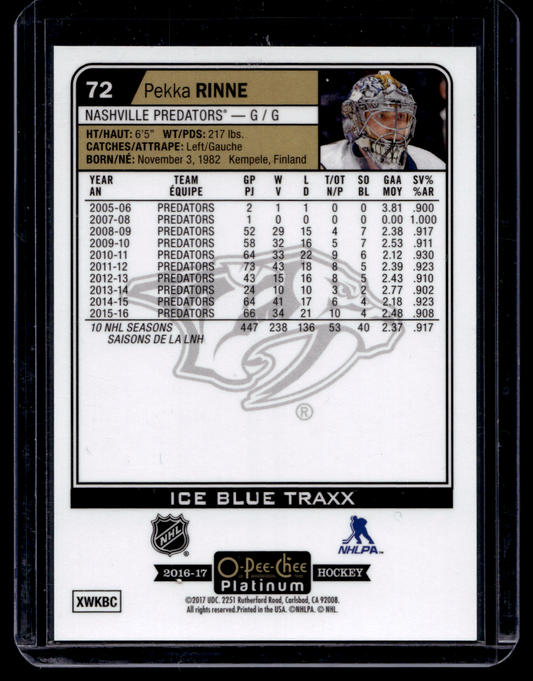 2016-17 Upper Deck OPC Platinum - Ice Blue Traxx - Pekka Rinne #72