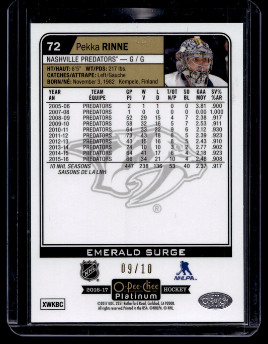 2016-17 Upper Deck OPC Platinum - Emerald Surge - Pekka Rinne #72 /10