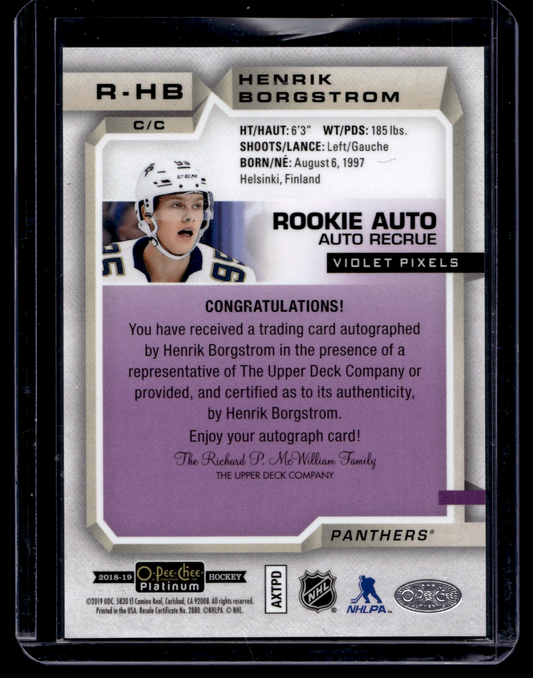 2018-19 Upper Deck OPC Platinum - Rookie Autographs - Violet Pixels - Henrik Borgstrom #R-HB RY