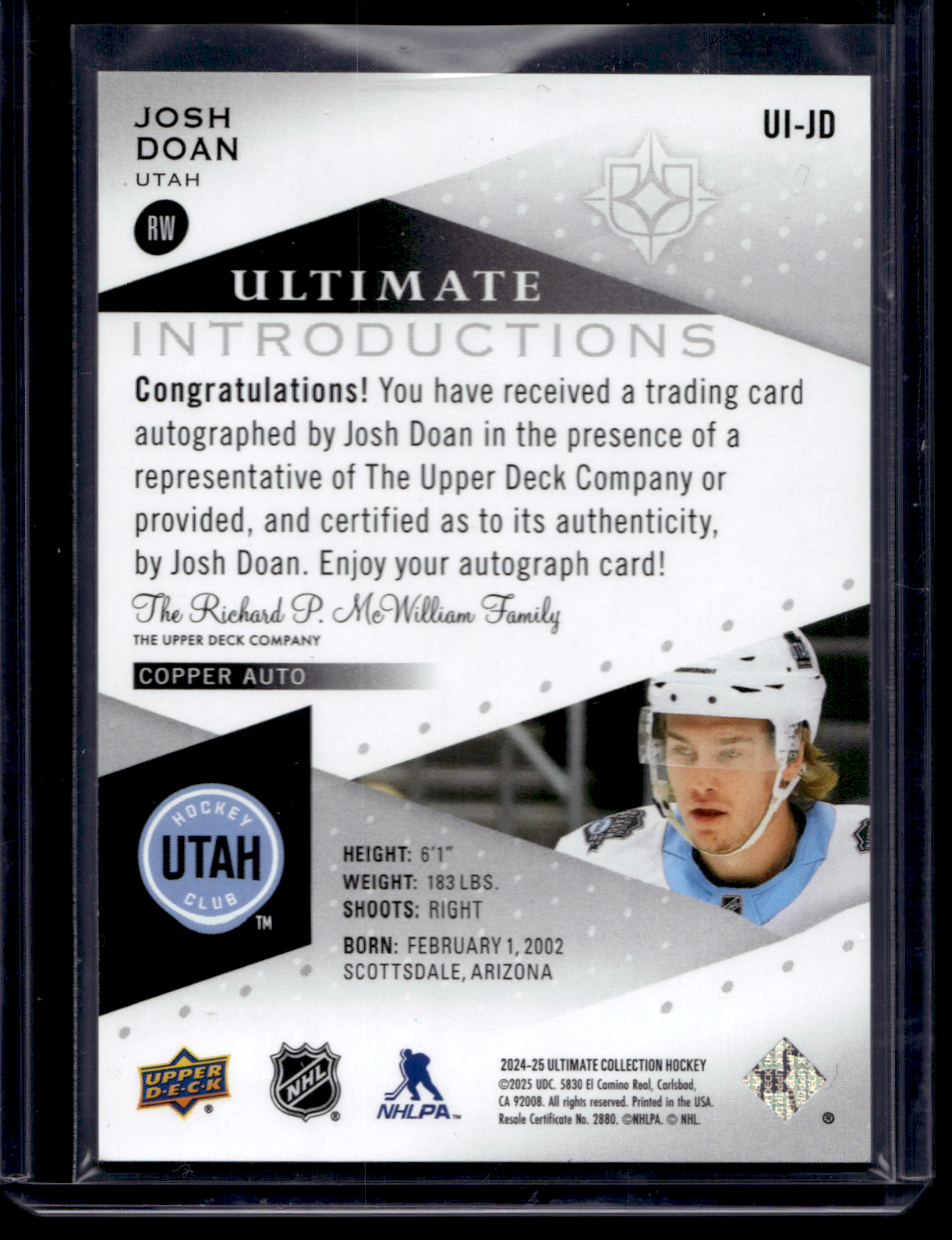 2024-25 Upper Deck Ultimate Collection - Ultimate Introductions - Autographs - Josh Doan #UI-JD RY