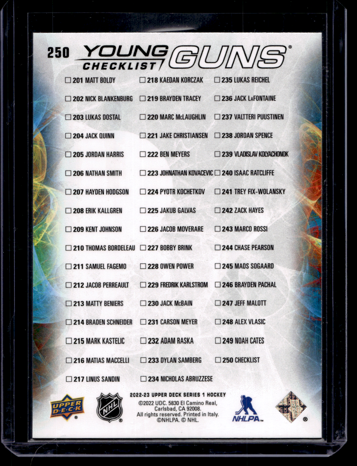 2022-23 Upper Deck Series 1 - Young Guns Checklist - Matt Boldy / Marco Rossi #250 RC