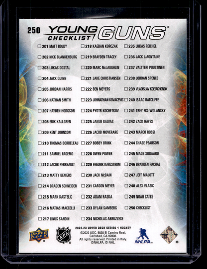 2022-23 Upper Deck Series 1 - Young Guns Checklist - Matt Boldy / Marco Rossi #250 RC