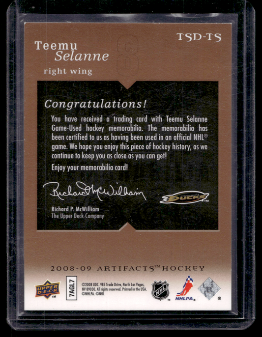 2008-09 Upper Deck Artifacts - Treasured Swatches - Dual - Teemu Selanne #TSD-TS /199