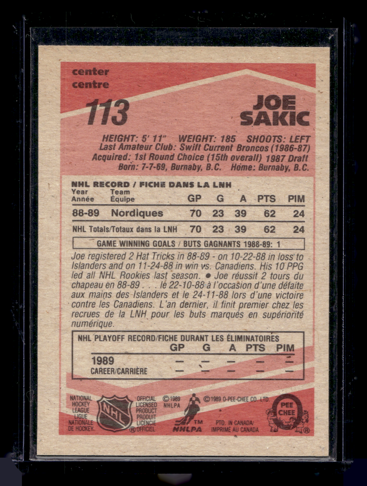1989-90 O-Pee-Chee - Joe Sakic #113 RC