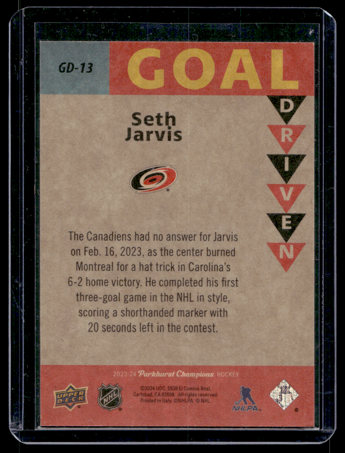 2023-24 Upper Deck Parkhurst Champions - Goal Driven - Gold - Seth Jarvis #GD-13 /349