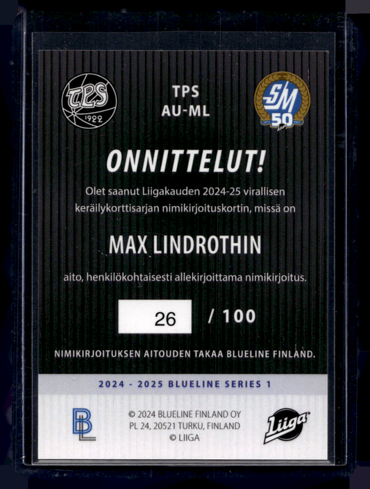 2024-25 Blueline Signature Silver - Max Lindroth #AU-ML /100