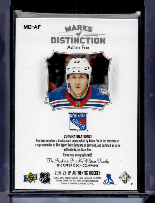 2021-22 Upper Deck SP Authentic - Marks of Distinction - Adam Fox #MD-AF /25