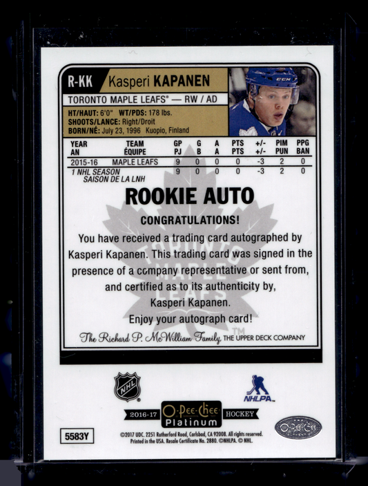 2016-17 Upper Deck OPC Platinum - Rookie Autographs - Kasperi Kapanen #R-KK RY