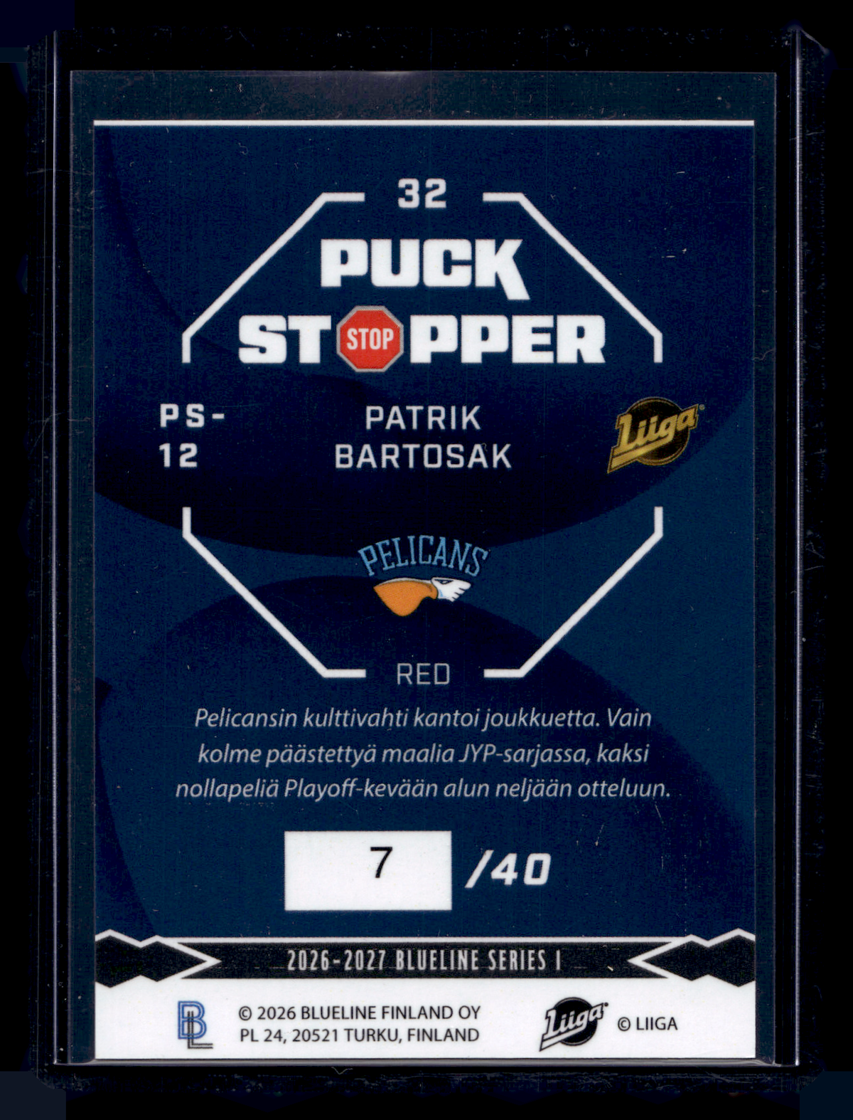 2026-27 Blueline - Puck Stopper - Red - Patrik Bartosak #PS-12 /40
