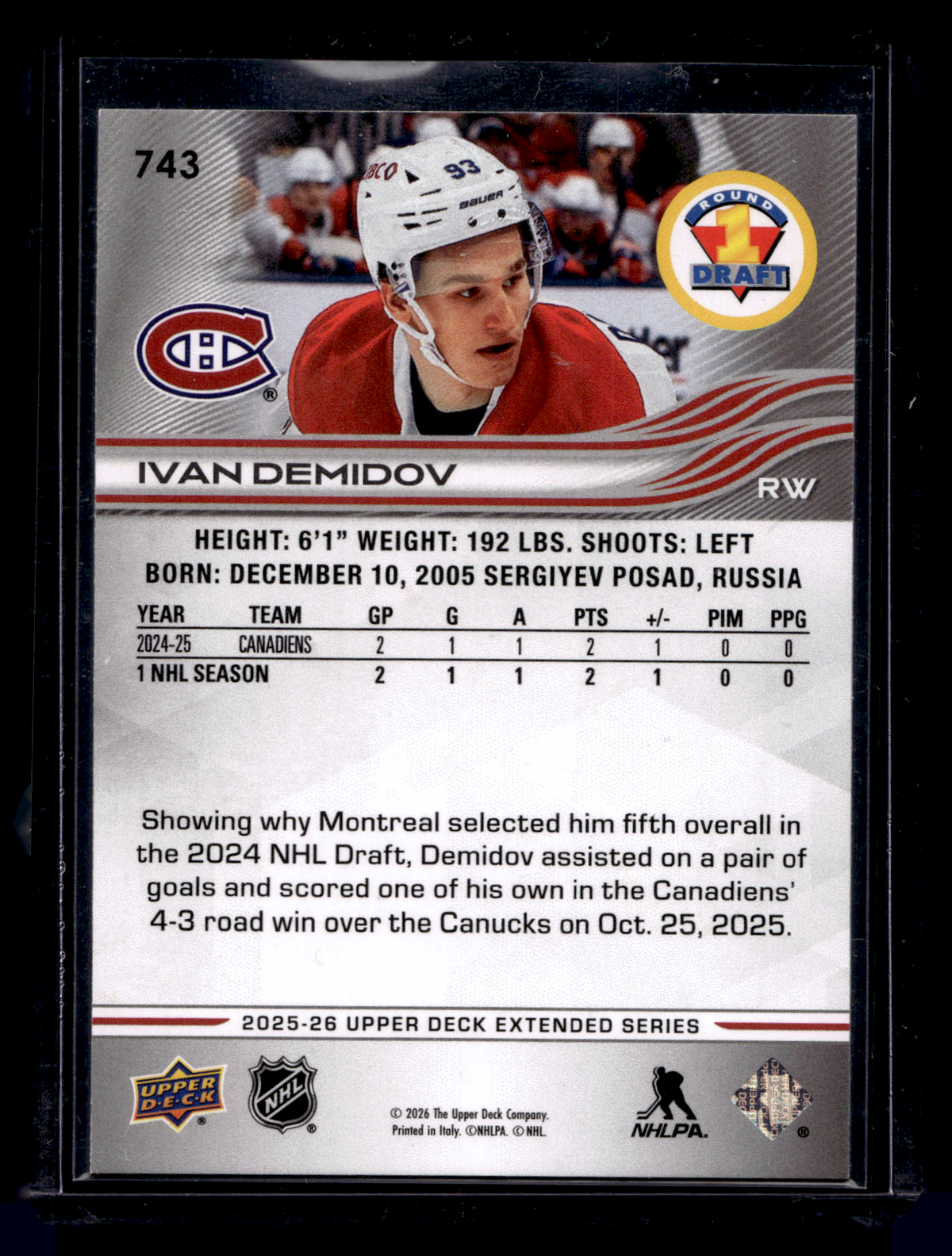 2025-26 Upper Deck Extended Series - 1st Round Rookies - Ivan Demidov #743 RC