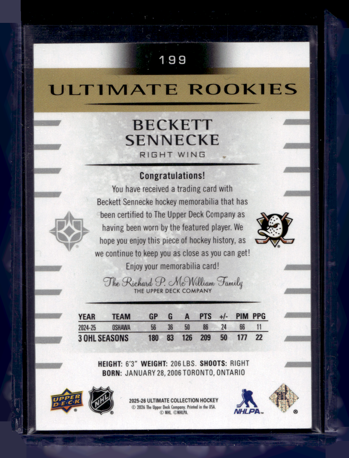 2025-26 Upper Deck Ultimate Collection - Jersey - Ultimate Rookies - Beckett Sennecke #199 /499 RC