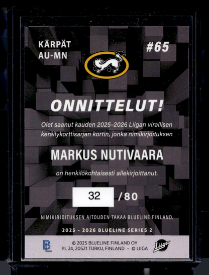 2025-26 Blueline Signature Silver - Markus Nutivaara #AU-MN /80